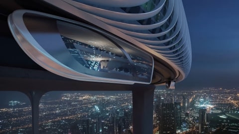 Компания ZNera Space создала концепт здания в форме гигантского кольца, почти парящего в воздухе, сделанного вокруг самого высокого в мире здания Бурж Халифа, расположенное в Дубае.